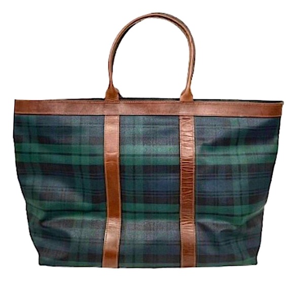 RALPH LAUREN BlackWatch Plaid Coated Canvas Brown Leather Top Zip Oversized Bag - Picture 15 of 16